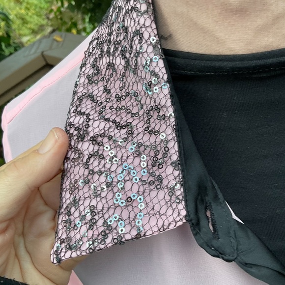 Pink sheer blouse sequins collar black trim valentine’s Day barbiecore spring 2X - Picture 3 of 9
